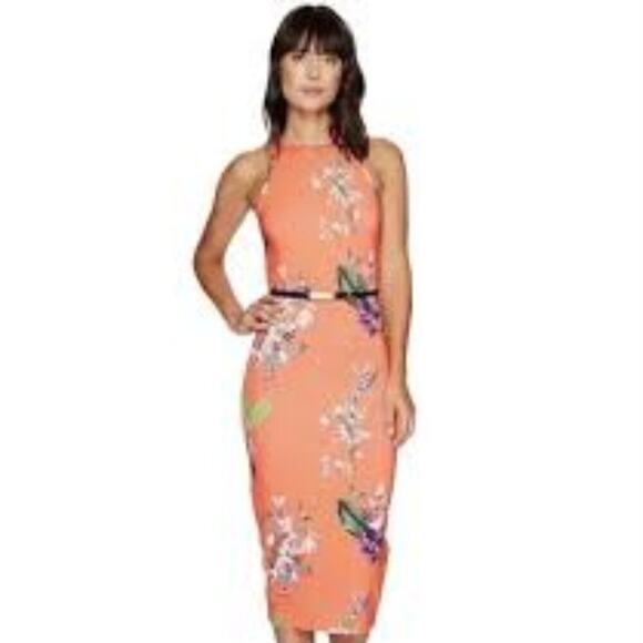 TED BAKER ORANGE GREEN FLORAL JOELIA TROPICAL OASIS BODYCON DRESS SIZE 2 - Picture 1 of 7